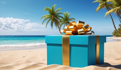 Obraz premium Gift box on a sandy beach 