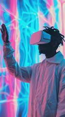 Banner of black man in vr headset exploring metaverse world, touching virtual reality subjects with copy space on the left 