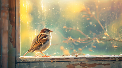 A brown sparrow perched on a windowsill, with a warm, golden glow, evoking a sense of peace and tranquility, ideal for nature and spring themes. 
