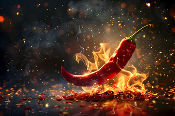 A fiery red chili pepper engulfed in flames, symbolizing intense heat and spiciness, captured against a dark background with sparkling embers.