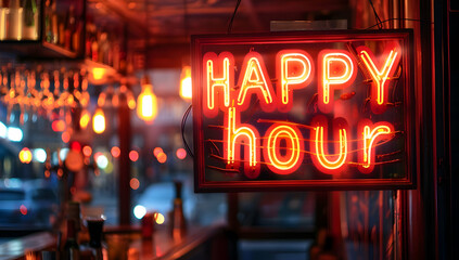 A vibrant neon sign displaying 'Happy Hour' inside a cozy bar with warm lighting and a welcoming atmosphere during evening hours.