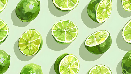 A vibrant pattern of green limes, both whole and halved, on a light green background, casting shadows. Perfect for summer and freshness themes.