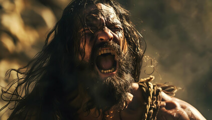 Obraz premium Close-up of a bearded warrior shouting fiercely, wearing chains with dramatic expression and intense background.