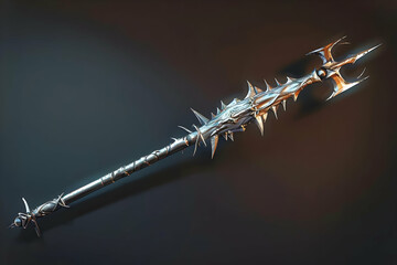 Close-up of a detailed, metallic flail with multiple sharp spikes, showcasing intricate craftsmanship against a dark background.
