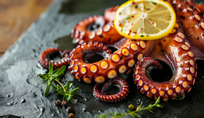 Fototapeta premium Close-up of delicious grilled octopus garnished with lemon slice and herbs on a dark slate plate, ready to be served as a gourmet delicacy.