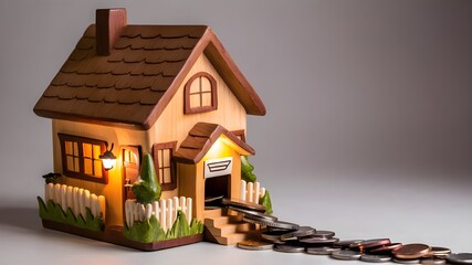 Wooden piggy bank in the shape of a cozy, quaint house. Buying a house or home savings concept, interest rate.