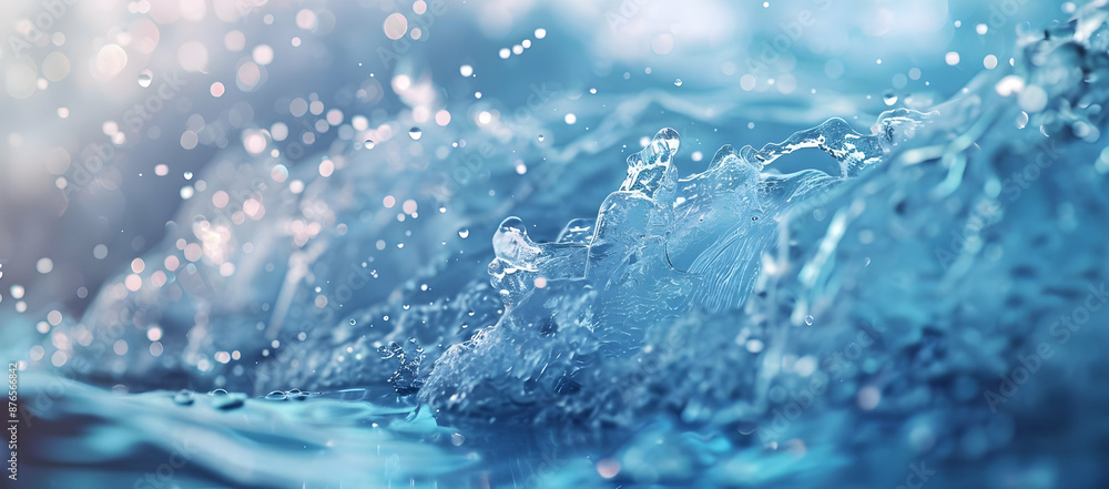 Poster close-up view of water splashes and droplets in motion, creating a dynamic and refreshing scene with