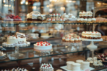 Fototapeta premium Delicious assortment of cakes, pastries, and desserts on display in a bakery shop, adorned with fresh berries and creamy frosting.