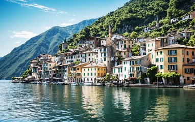 Charming view of Gandria fishermen village with colorful houses along the lake, scenic and tranquil waterfront town, picturesque Swiss architecture, perfect for travel and tourism themes