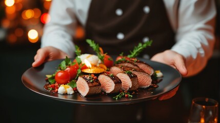 Waiter carrying plates with meat dishes at festive event - culinary service, catering, and gourmet dining experience