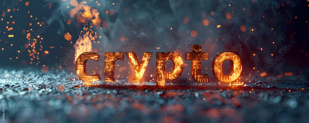 Poster fiery glowing crypto text on smoky dark background, representing blockchain technology and digital c
