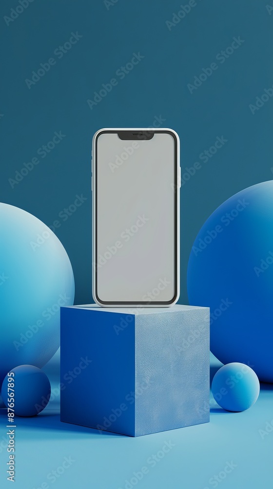 Poster empty white smartphone on geometric block pedestal on blue background with mock up place. 3d renderi