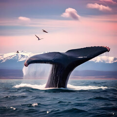 Obraz premium On a clear day, the whale's fin looks like a pink hook, and the sight of seagulls sitting on its back is beautiful.