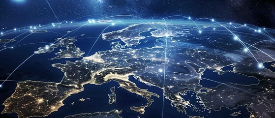 Glowing??Earth at night showing??Europe's??city lights and??connections