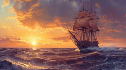 Columbus ship at sunset in the sea, Columbus ship crossing the ocean.