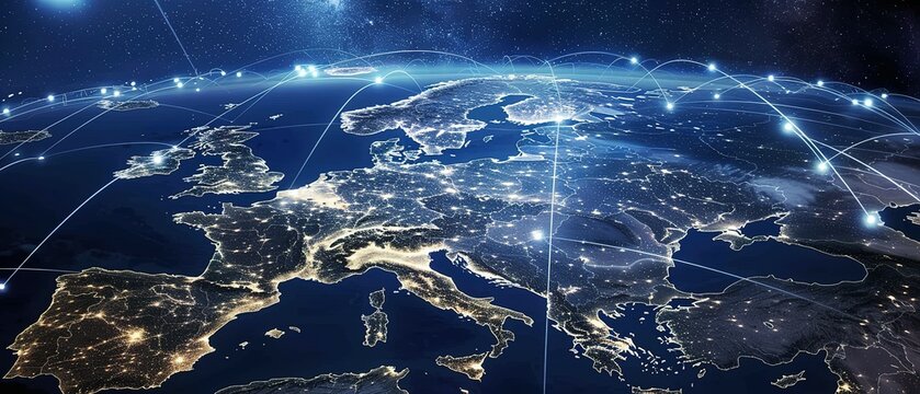 Glowing??Earth at night showing??Europe's??city lights and??connections