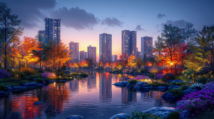 Obraz premium Cityscape with Colorful Autumn Trees and Reflections