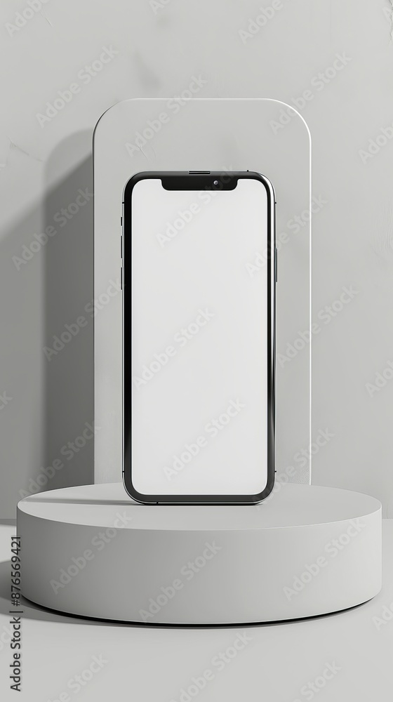 Poster mobile phone with a blank screen on podium. mockup template of modern smartphone. 3d rendering