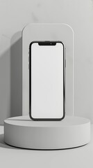 Mobile phone with a blank screen on podium. Mockup template of modern smartphone. 3d rendering