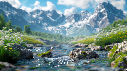 Obraz premium Serene Mountain Stream Flowing Through Lush Meadow