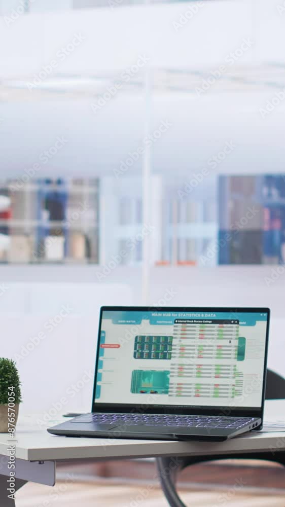 Poster vertical video empty financial department with stock portfolio on laptops and paperwork files filled