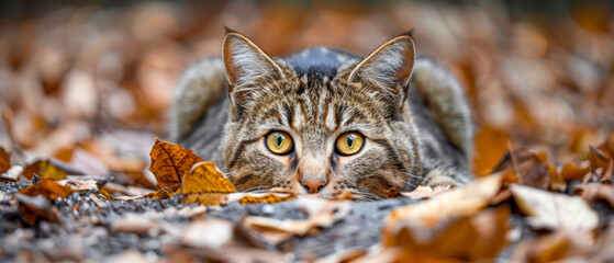 Curious Cat Hiding in Autumn Leaves