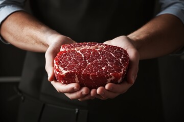Butcher hands holding a thick raw wagyu beef steak, showcasing quality marbled meat for gourmet cooking and culinary presentations