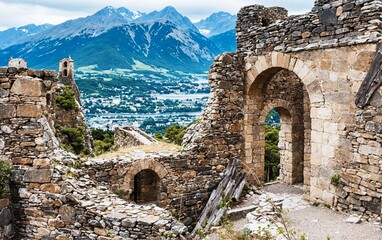 Ancient stone ruins of Tourbillon Castle with mountainous landscape, historic architecture and scenic views in the Swiss Alps