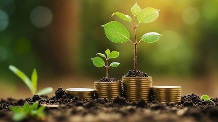 Growing investment concept with plants sprouting from stacked coins in soil, symbolizing financial growth and environmental sustainability