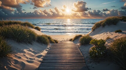 Boardwalk leading to a beautiful white sand beach and ocean at sunset - coastal landscape and vacation spot