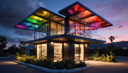 Modern Building with Rainbow Roof at Sunset.