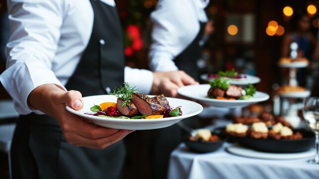 Waiter serving gourmet meat dishes at a festive event - fine dining and culinary service