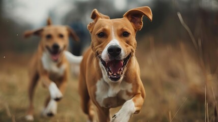 Closeup of playful dogs in a natural setting, realistic skin tones, deep depth of field, 8k resolution, focus covering all objects, stunning photography