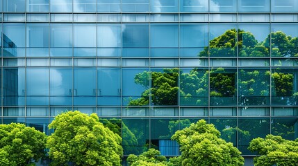 Mirrored Reflections of Lush Green Trees on a Modern Glass Building Facade
