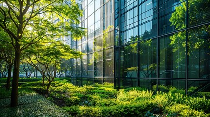 Lush greenery and modern glass skyscraper coexist in harmony, showcasing sustainable urban design.