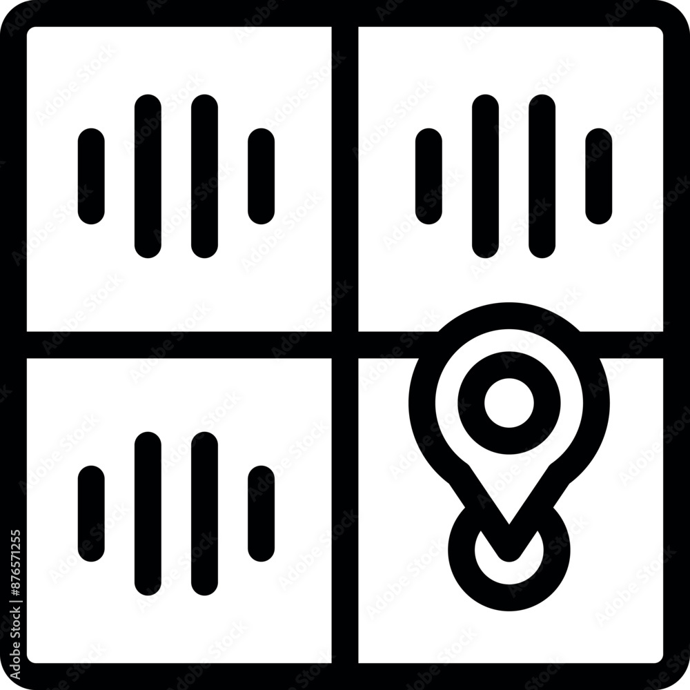 Poster black and white line icon of a digital map with a location pin marking a destination point
