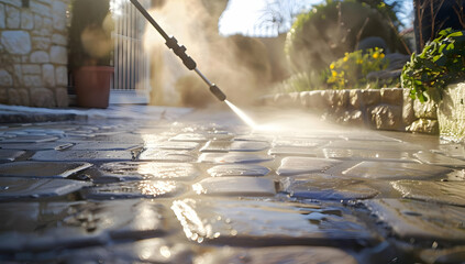 Outdoor paving being cleaned with high-pressure water, creating a steam effect on a sunny day. Clean stone pathway and lush green plants.