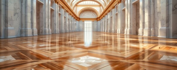 Grand Museum Passage A Series of Pictures Capturing the Opulence of a Classical Art Gallery, Featuring High Ceilings, Polished Marble Columns, and Intricate Wood Flooring