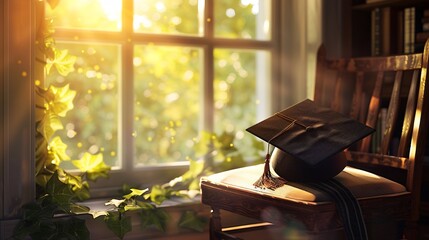 A photorealistic illustration of a single graduation hat resting on a chair, adorned with a personalized message and tassel, bathed in warm sunlight streaming through a window.