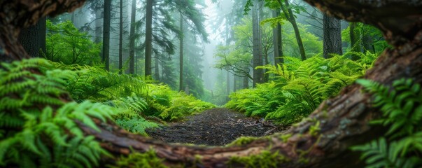 Fototapeta premium Mystical Forest Path Framed by Lush Greenery, A Serene Escape into Nature's Embrace, Discover Tranquility Amidst the Trees, A Vision of Tranquility, Framed Portraits of Nature's Beauty, Explore the