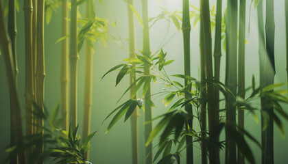 Sunlit bamboo forest with green stalks and leaves, serene and peaceful natural setting, perfect for eco-friendly and nature-inspired projects