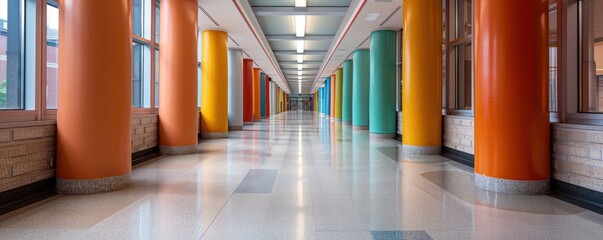 Vibrant University Hallway with Colorful Columns, Creative Architectural Design, Modern Interior Design, Graphic Showcase