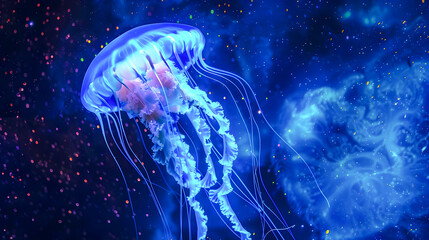 Fototapeta premium Ethereal bioluminescent jellyfish glowing with neon light swimming in a deep blue cosmic abyss filled with twinkling stars and galaxies Mystical medusa like creature in a serene