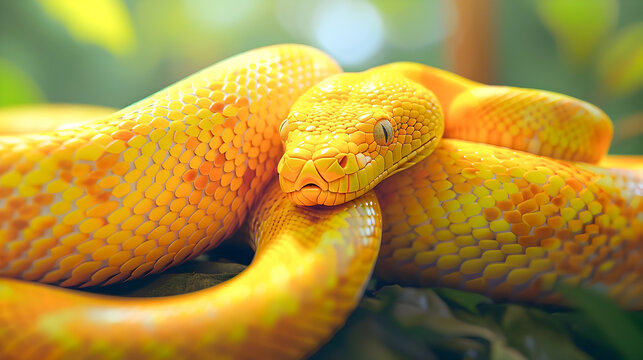Detailed close up shot of a coiled vibrant yellow python snake slithering through the lush green foliage of a tropical rainforest environment