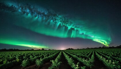 Green Field Under Northern Lights.
