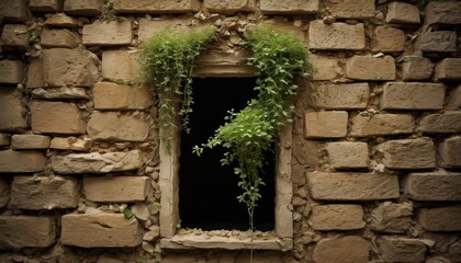 Stone Wall with Window and Vines.