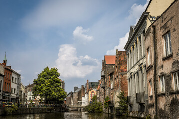 Old Buildings and Bridges of Ghent seen from the Leie (Lys) River - Ghent, Belgium