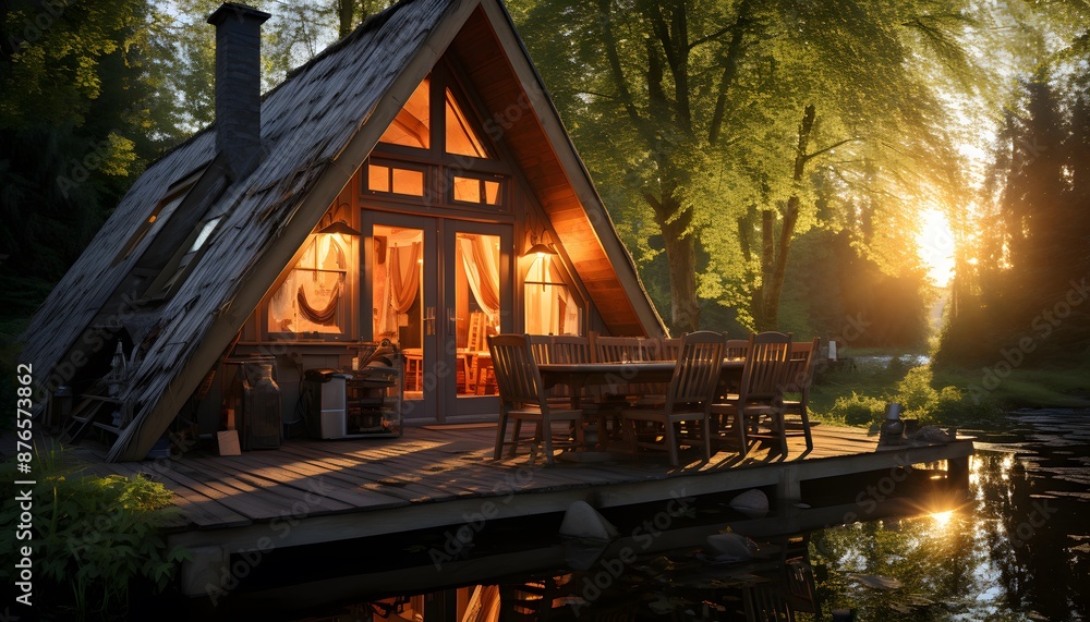 Wall mural wooden cottage on a lake in the forest at sunset. panorama