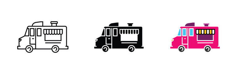 food truck icon set, outline design, solid and colored, editable vector eps 10.