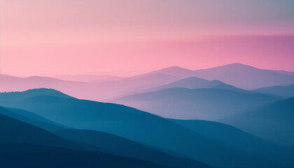 A peaceful landscape of layered mountain ridges in shades of pink and blue, creating a serene and dreamy atmosphere